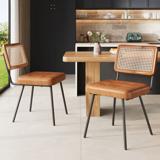 Set van 2 Retro Rotan Kunstleer Eetkamerstoelen
