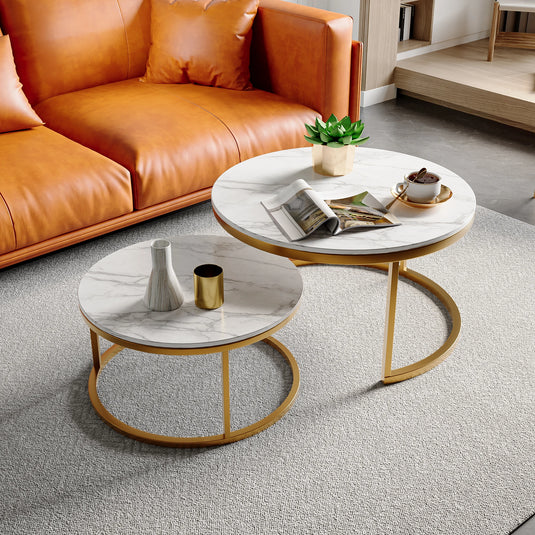 Salontafel Set Rond Marmerlook met Goud